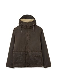 Braune Jacke mit Außenhülle und Kapuze mit Kunstfellbesatz, ausgestattet mit Reißverschluss, zwei Fronttaschen und einem legeren Schnitt.