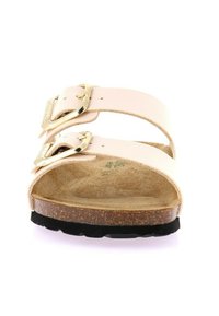 Sandal con due cinturini di colore rosa chiaro, con fibbie dorate, suola in sughero e suola in gomma nera. L'interno presenta una texture morbida.