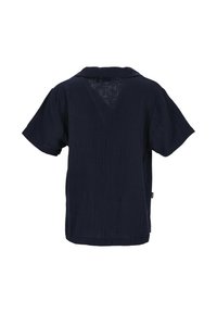 Chemise à manches courtes, de couleur bleu marine, en tissu texturé avec un col et un détail d'ouverture dans le dos. Design décontracté et coupe ample.