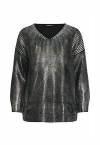 Schwarzer und silberner gestrickter Pullover mit V-Ausschnitt, langen Ärmeln und lockerer Passform. Mit metallischen Fäden und einer gerippten Struktur durchgehend.