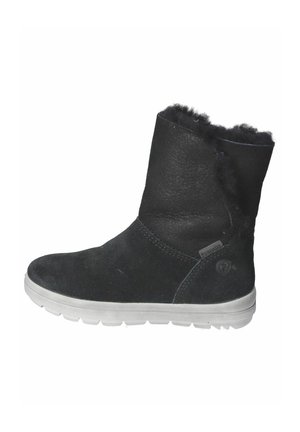 Stivale alla caviglia in suede nero con fodera in peluche, tacco basso e suola in gomma. Presenta un design cucito e un logo di lato.