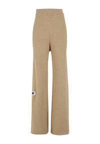 Béžové pletené kalhoty s širokými nohavicemi, s texturovaným vzorem, vysokým pasem a malou logovou nášivkou na boku.