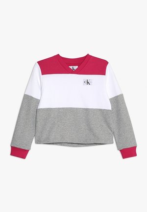 Värikäs pusero V-kaula-aukkolla, jossa on vaaleanpunaisia, valkoisia ja harmaita osia. Valmistettu pehmeästä kankaasta, jossa on resorit hihansuissa ja logopatch.