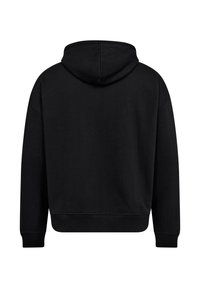 Black hooded sweatshirt with a straight cut, ribbed cuffs, and hem. Features a smooth texture and no visible branding or patterns.