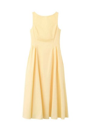 Vestido midi sin mangas en amarillo pálido con corsé ajustado y falda acampanada, diseñado para uso casual o semiformal.