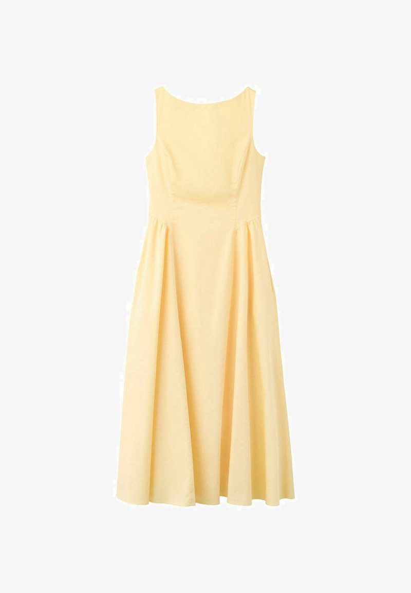 Robe midi sans manches jaune pâle avec corsage ajusté et jupe évasée, conçue pour un usage décontracté ou semi-formel.