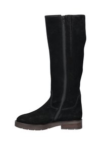 Black suede knee-high boots with a side zipper and brown chunky sole. Features smooth texture and stitched detailing along the zipper.