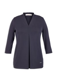 Blusa blu navy con scollo a V e design a pieghe, realizzata in tessuto morbido. Presenta maniche a tre quarti e un logo sottile all'orlo.