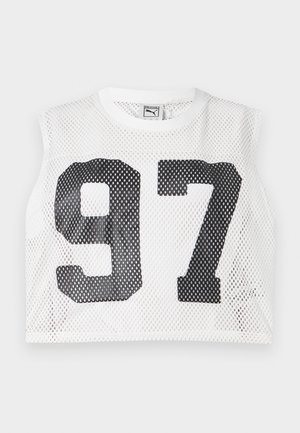 Bílý síťovaný crop top s velkými černými čísly "97" na přední straně, s kulatým výstřihem a bez rukávů.