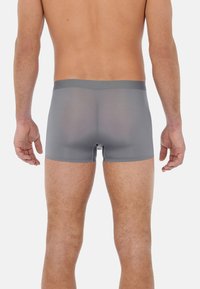 Grå, åtsittande boxertrosor med en slät yta, elastisk midja och kort ben-design. Har en liten öppning baktill.