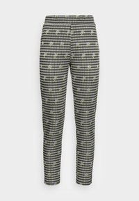 Czarno-białe spodnie w kratę gingham z haftem kwiatowym w odcieniach purpury i zieleni. Slim fit, elastyczny pas, lekka tkanina.