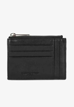 Zwart leren kaarthouder met een ritsvak aan de bovenkant, voorzien van vier kaartsleuven en een gladde textuur. Subtiele, gegraveerde branding aan de voorkant.