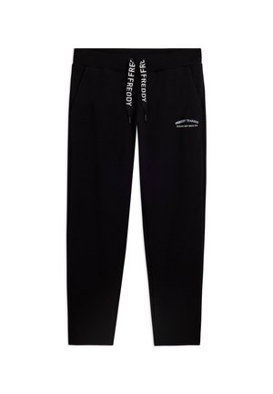 Pantalones deportivos negros con cintura acanalada, cordones con marca, bolsillos laterales y texto "FREDDY TRAINING" en la parte frontal del muslo derecho.