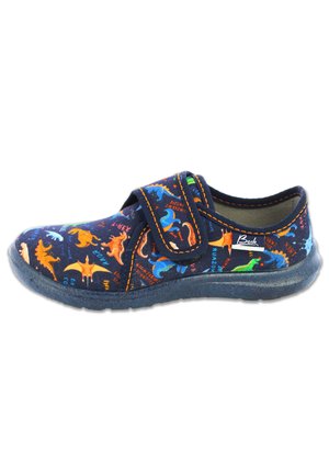 Jungen Sneaker aus dunkelblauem Stoff mit Dinosaurierdruck in Orange, Blau und Grün. Klettverschluss, strapazierfähige Sohle und gepolsterter Innenraum für Komfort.