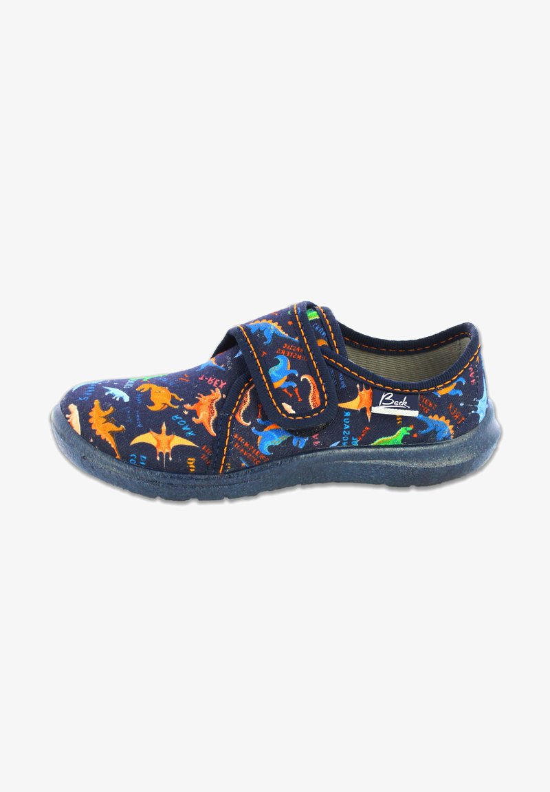 Jungen Sneaker aus dunkelblauem Stoff mit Dinosaurierdruck in Orange, Blau und Grün. Klettverschluss, strapazierfähige Sohle und gepolsterter Innenraum für Komfort.