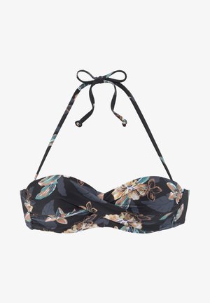 Top bikini floreale nero con design anteriore attorcigliato, con spalline regolabili a collare e motivi di fiori tropicali in tonalità di marrone e teal.