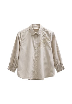 Beige-wit gestreept overhemd met knopen, 3/4 gerimpelde mouwen en delicate bladmotieven geborduurd op de linkerborst.