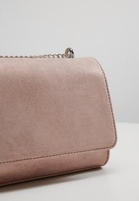 Borsa in suede rosa con forma rettangolare, tracolla in catena argentata e superficie liscia. Presenta una chiusura a pattina piegata.
