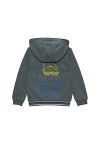 Dunkelgrauer Hoodie mit einem gelben und blauen Cartoon-Design auf der Rückseite. Mit gerippten Bündchen und einem gestreiften Saum.