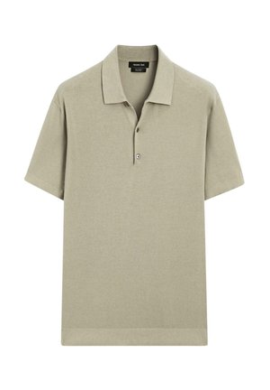 Polo shirt beige à manches courtes avec des manches et un ourlet côtelés, patte de boutonnage à deux boutons et col classique.
