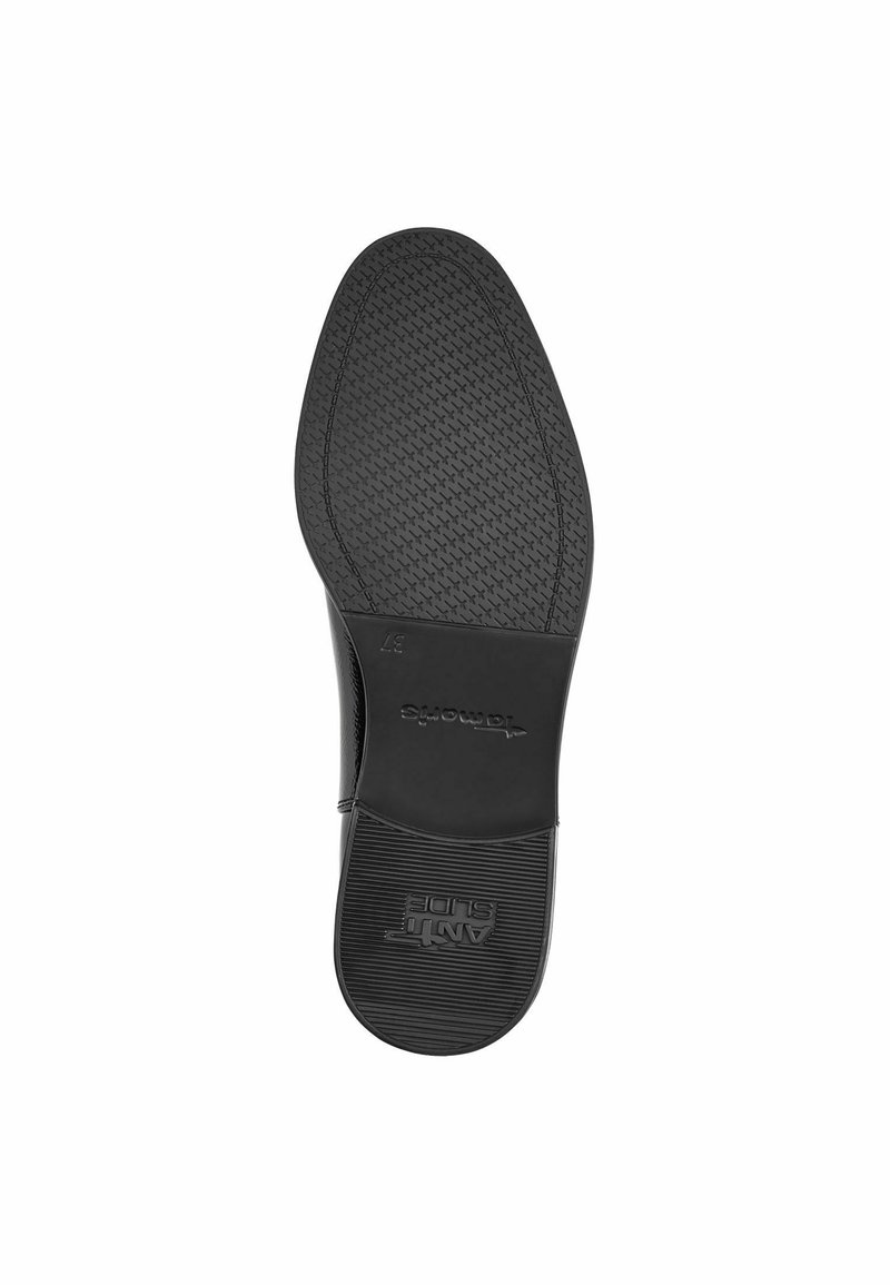 Semelle de chaussure noire avec un motif de texture pour une meilleure adhérence, dotée de la technologie antidérapante. Logo de la marque et détails de taille imprimés sur le côté extérieur.