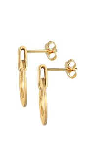 Goldene Metal Ohrringe mit einem verlängerten ovalen Design, polierter Oberfläche und Klappverschluss. Strukturelle Akzente verstärken die visuelle Anziehung.