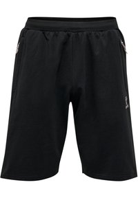 Shorts de sport noirs en tissu doux, dotés d'une taille élastique, de deux poches latérales et d'un petit logo décoratif sur la cuisse.