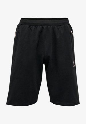 Shorts de sport noirs en tissu doux, dotés d'une taille élastique, de deux poches latérales et d'un petit logo décoratif sur la cuisse.