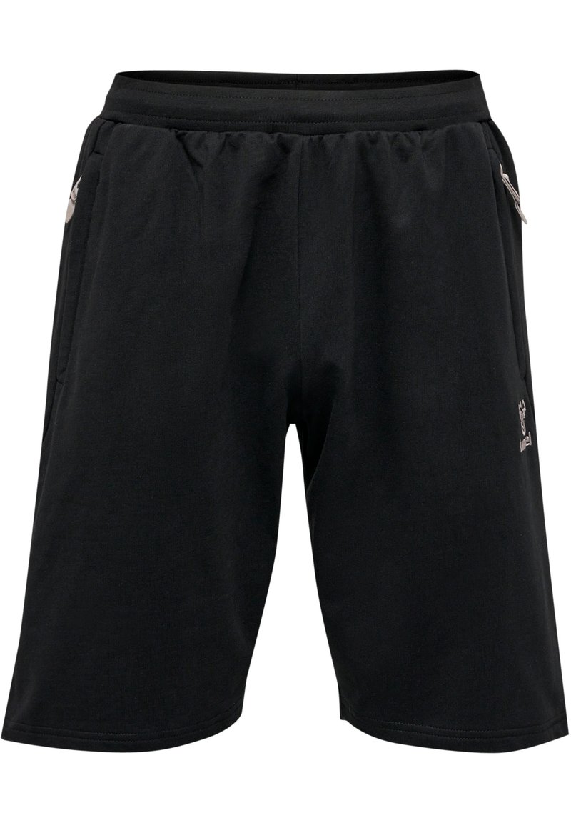 Shorts de sport noirs en tissu doux, dotés d'une taille élastique, de deux poches latérales et d'un petit logo décoratif sur la cuisse.