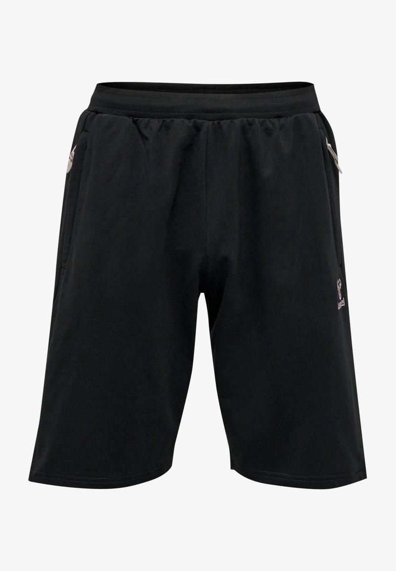 Shorts de sport noirs en tissu doux, dotés d'une taille élastique, de deux poches latérales et d'un petit logo décoratif sur la cuisse.