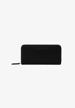 Black leather wallet featuring a zip closure and a smooth texture. Front embossed logo. Compact rectangular design with rounded edges.