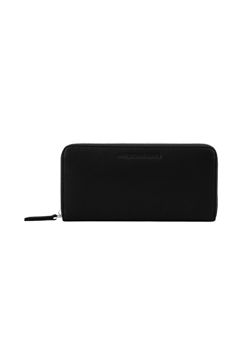 Black leather wallet featuring a zip closure and a smooth texture. Front embossed logo. Compact rectangular design with rounded edges.
