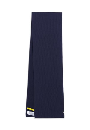 Navy ribbed scarf made of textured fabric, featuring a small yellow tag at the bottom corner and a clean, rectangular design.