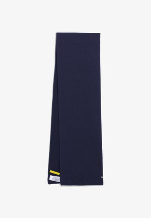 Sciarpa a coste navy realizzata in tessuto testurizzato, con un piccolo etichetta gialla nell'angolo inferiore e un design pulito e rettangolare.