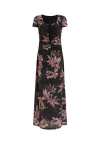 Abito maxi floreale con maniche corte, sfondo nero, motivi floreali rosa e beige, e dettagli plissettati sul corpino.
