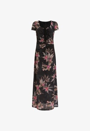 Vestido maxi floral com mangas curtas, fundo negro, padrões florais em tons de rosa e bege, e detalhes de corpete franzido.