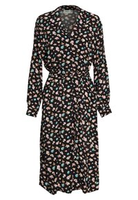 Czarna sukienka z długimi rękawami i dekoltem w kształcie litery V, z kwiatowym wzorem w odcieniach różu, żółci i turkusu, posiadająca talię ściągniętą i detale z guzikami.