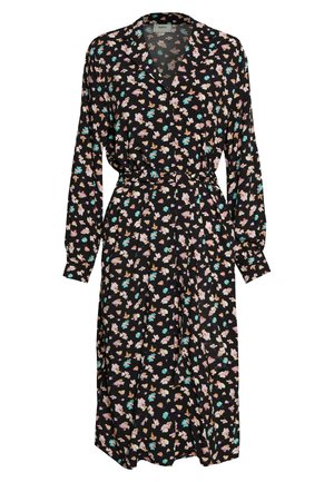 Robe noire à manches longues et décolleté en V, avec un motif floral en rose, jaune et bleu-vert, dotée d'une taille cintrée et de détails en boutons.