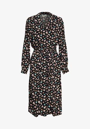 Vestido negro de manga larga y escote en V, con un patrón floral en rosa, amarillo y verde azulado, con una cintura ajustada y detalles de botones.