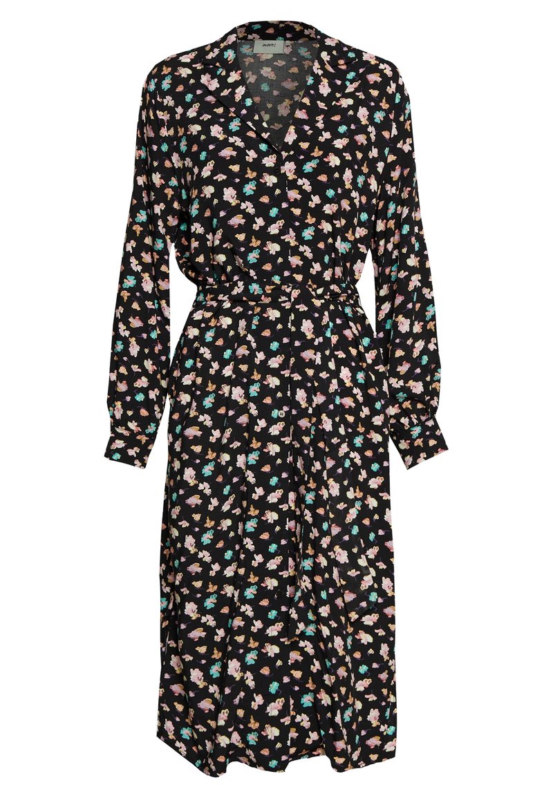 Czarna sukienka z długimi rękawami i dekoltem w kształcie litery V, z kwiatowym wzorem w odcieniach różu, żółci i turkusu, posiadająca talię ściągniętą i detale z guzikami.
