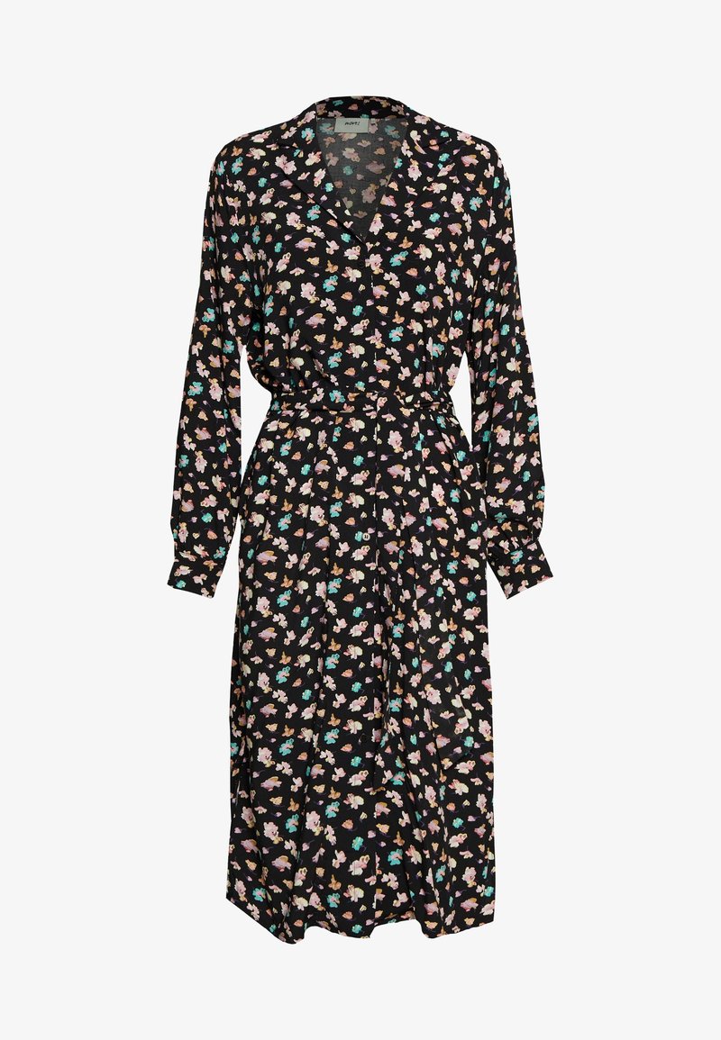 Abito nero con maniche lunghe e scollatura a V, caratterizzato da un motivo floreale in rosa, giallo e teal, con vita cinchata e dettagli di bottoni.