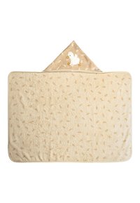 Beige Kapuzentoilette mit einer strukturierten Oberfläche, die auf der Kapuze eine gestickte weiße Ente und gepunktete Muster auf dem Stoff aufweist.