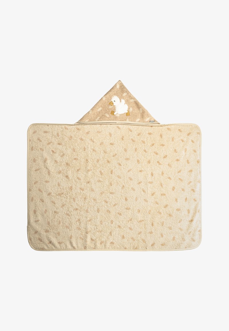 Beige Kapuzentoilette mit einer strukturierten Oberfläche, die auf der Kapuze eine gestickte weiße Ente und gepunktete Muster auf dem Stoff aufweist.