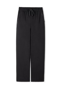 Zwarte relaxed-fit broek gemaakt van zachte stof, met een elastische tailleband met trekkoord en zijzakken voor opslag.