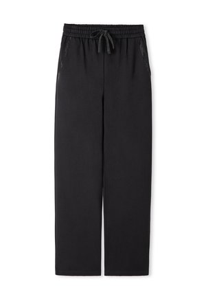 Zwarte relaxed-fit broek gemaakt van zachte stof, met een elastische tailleband met trekkoord en zijzakken voor opslag.