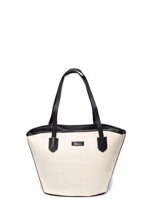 Tote bag met een crèmekleurig geweven lichaam en zwarte leren handvatten. Heeft een gestructureerde vorm, subtiele textuur en een metallic merklogo detail.