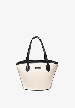 Tote bag met een crèmekleurig geweven lichaam en zwarte leren handvatten. Heeft een gestructureerde vorm, subtiele textuur en een metallic merklogo detail.