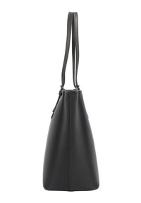 Black leather tote bag with sleek, angular design, two shoulder straps, and subtle stitching details on a smooth texture.