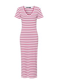 Gestreiftes Kleid in Weiß und Pink, V-Ausschnitt, kurze Ärmel, gerippte Textur, figurbetonte Silhouette, knielang. Einfaches Design mit vertikalen Streifen.