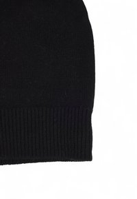 Black knitted beanie, featuring a ribbed hem and soft texture. Simple design with no visible patterns or accents.